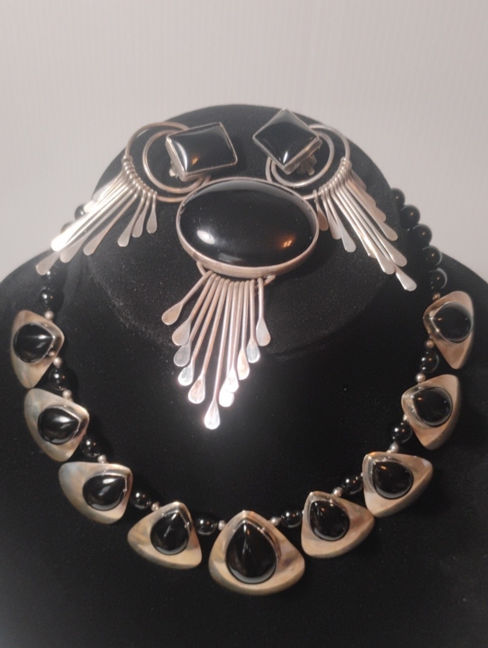 Andy Marion Signed Navajo Sterling Silver 925 Black Onyx Necklace Set